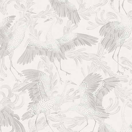 Grey Dancing Crane wallpaper by Boråstapeter for Schumacher, featuring elegant cranes in flight and foliage.
