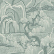 Indigo Garden wallpaper in Mineral by Boråstapeter for Schumacher, featuring rolling hills, willow trees, and rippling water in a scenic landscape.