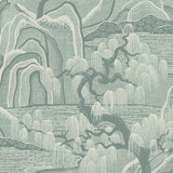 Indigo Garden wallpaper in Mineral by Boråstapeter for Schumacher, featuring rolling hills, willow trees, and rippling water in a scenic landscape.