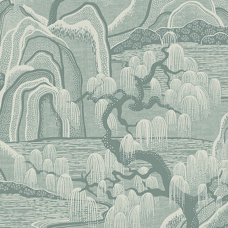 Indigo Garden wallpaper in Mineral by Boråstapeter for Schumacher, featuring rolling hills, willow trees, and rippling water in a scenic landscape.
