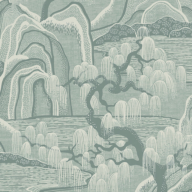 Indigo Garden wallpaper in Mineral by Boråstapeter for Schumacher, featuring rolling hills, willow trees, and rippling water in a scenic landscape.