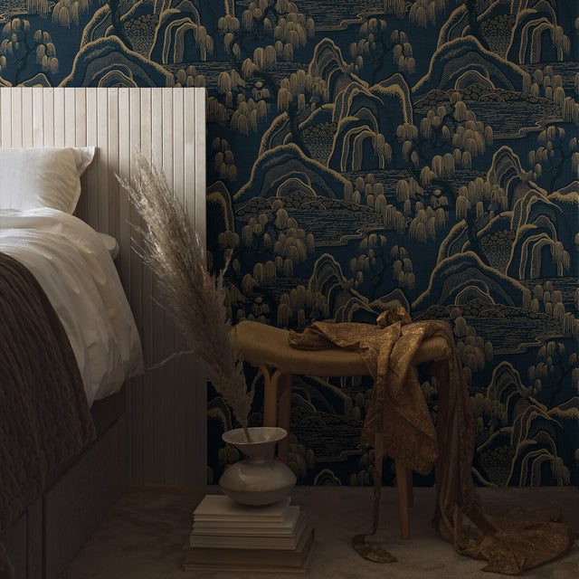 Indigo Garden Indigo and Gold by Boråstapeter Scenic Wallpaper – Schumacher 3132
