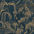 Indigo Garden wallpaper by Boråstapeter for Schumacher, featuring indigo and gold rolling hills, willow trees, and rippling water.