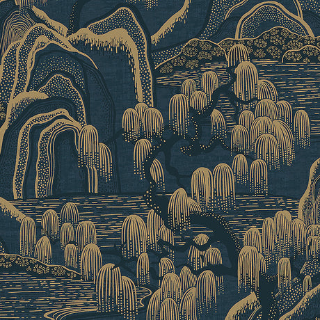 Indigo Garden wallpaper by Boråstapeter for Schumacher, featuring indigo and gold rolling hills, willow trees, and rippling water.