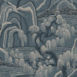 Indigo Garden wallpaper by Boråstapeter for Schumacher, featuring rolling hills, willow trees, and rippling water in blue tones.