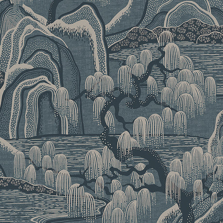 Indigo Garden wallpaper by Boråstapeter for Schumacher, featuring rolling hills, willow trees, and rippling water in blue tones.