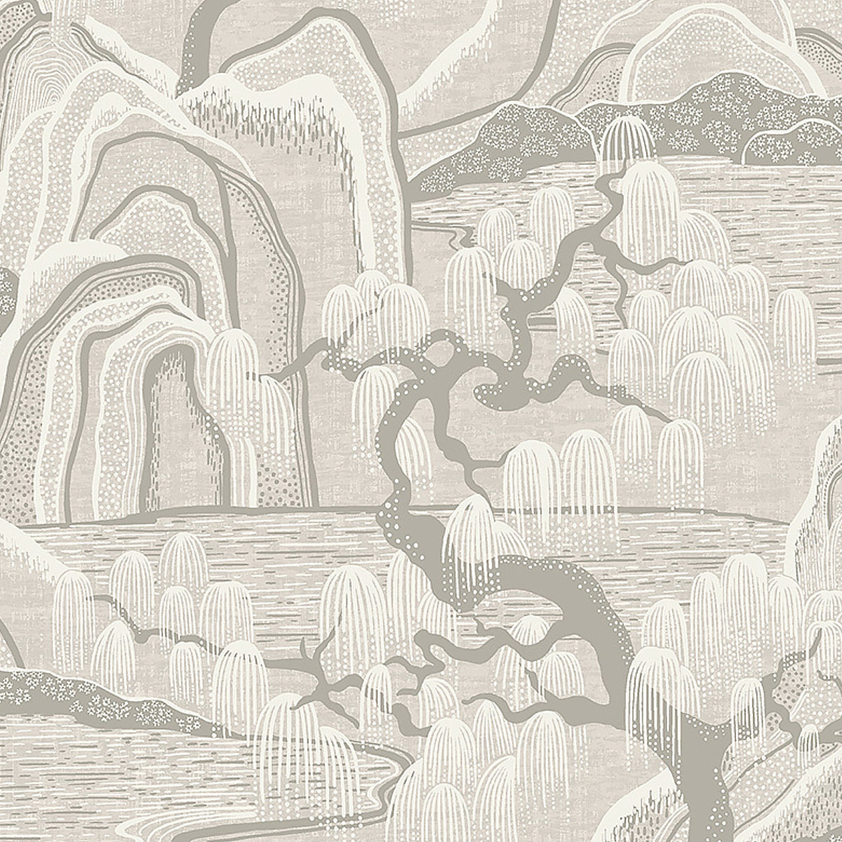 Indigo Garden wallpaper by Boråstapeter for Schumacher, featuring rolling hills, willow trees, and rippling water in a grey colorway.