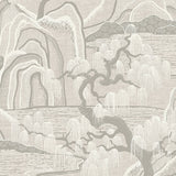 Indigo Garden wallpaper by Boråstapeter for Schumacher, featuring rolling hills, willow trees, and rippling water in a grey colorway.
