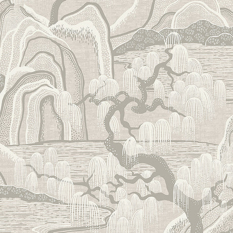 Indigo Garden wallpaper by Boråstapeter for Schumacher, featuring rolling hills, willow trees, and rippling water in a grey colorway.