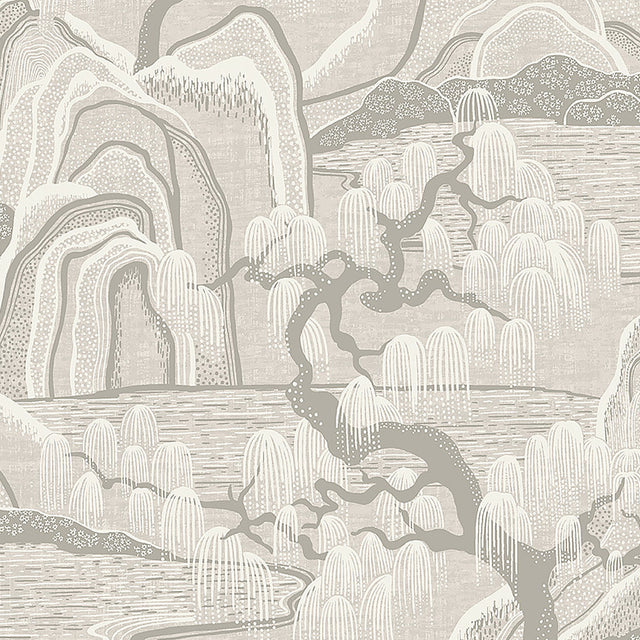 Indigo Garden wallpaper by Boråstapeter for Schumacher, featuring rolling hills, willow trees, and rippling water in a grey colorway.