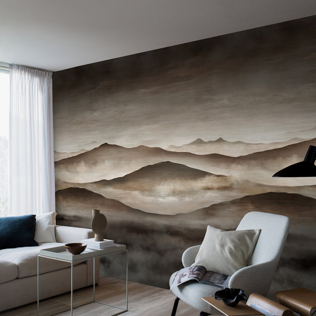 Twilight Landscape Mural Neutral by Boråstapeter Serene Mountain Wallpaper – Schumacher 3140