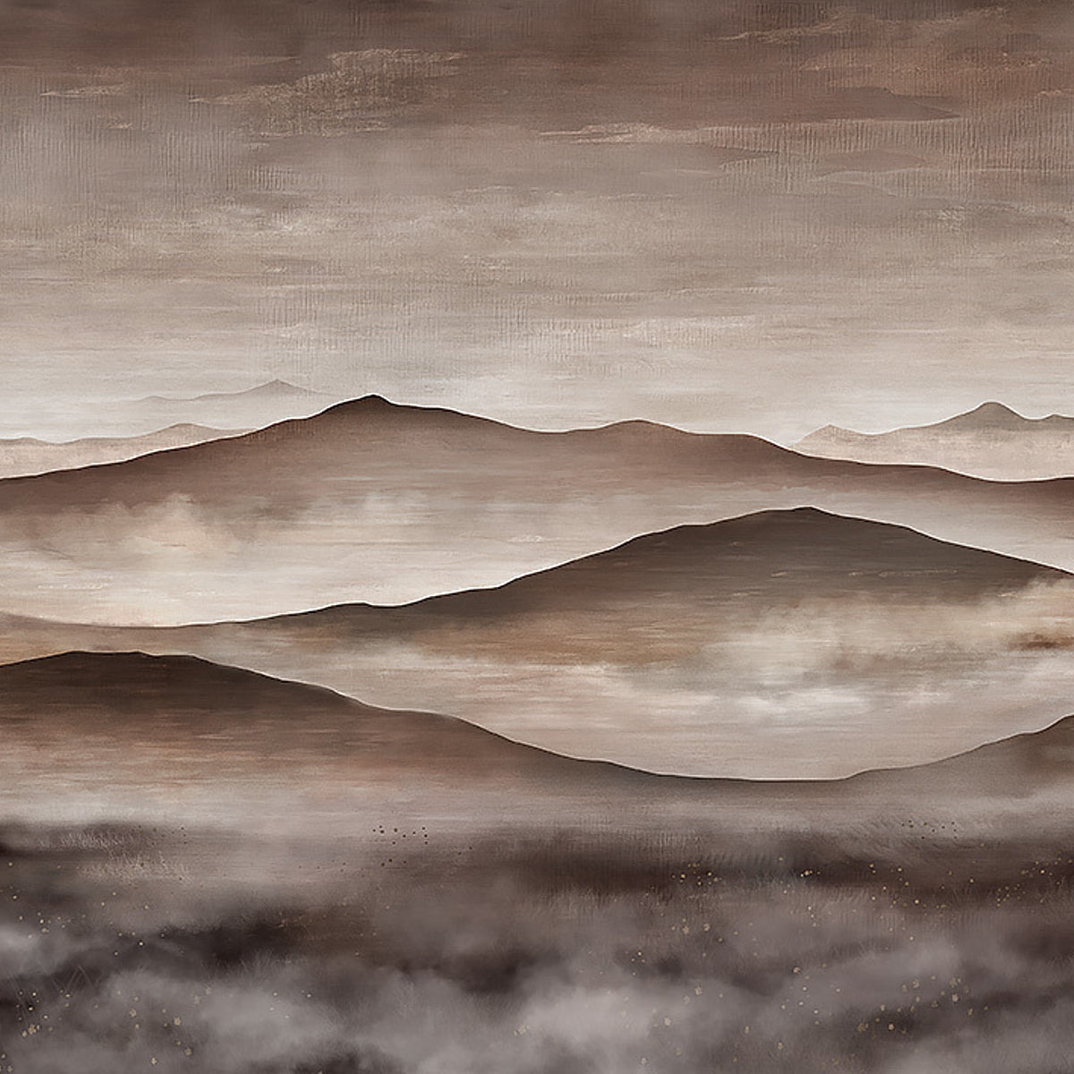 Twilight Landscape Mural wallpaper in neutral tones by Boråstapeter for Schumacher, featuring a serene mountain scene with fog and sunset.