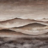 Twilight Landscape Mural wallpaper in neutral tones by Boråstapeter for Schumacher, featuring a serene mountain scene with fog and sunset.