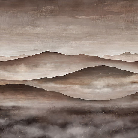 Twilight Landscape Mural wallpaper in neutral tones by Boråstapeter for Schumacher, featuring a serene mountain scene with fog and sunset.