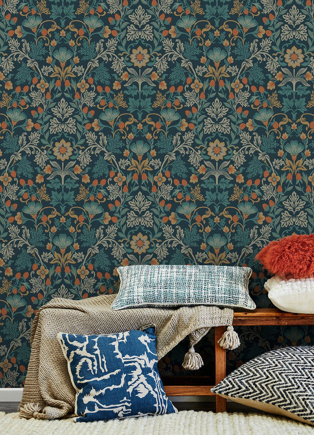 Lila Blue Strawberry Floral Wallpaper