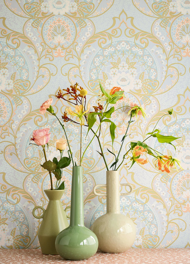 Nasrin Light Blue Damask Wallpaper