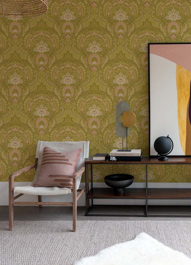 Nasrin Chartreuse Damask Wallpaper