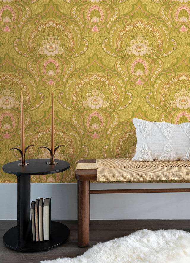 Nasrin Chartreuse Damask Wallpaper