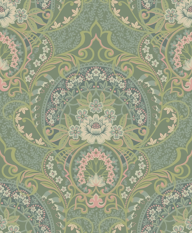 Nasrin Sea Green Damask Wallpaper