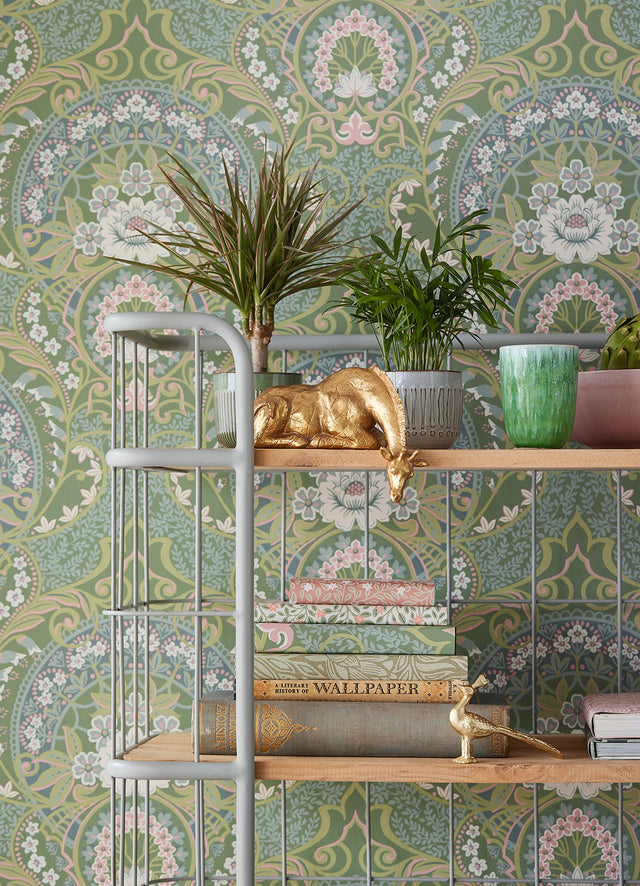 Nasrin Sea Green Damask Wallpaper