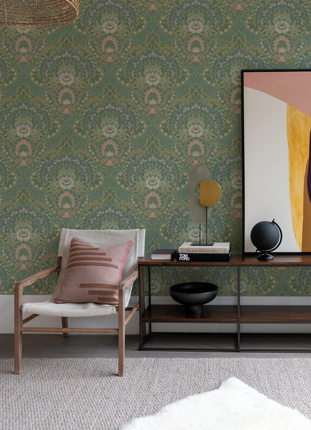 Nasrin Sea Green Damask Wallpaper