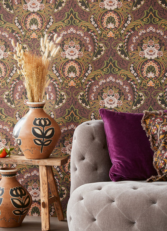 Nasrin Purple Damask Wallpaper