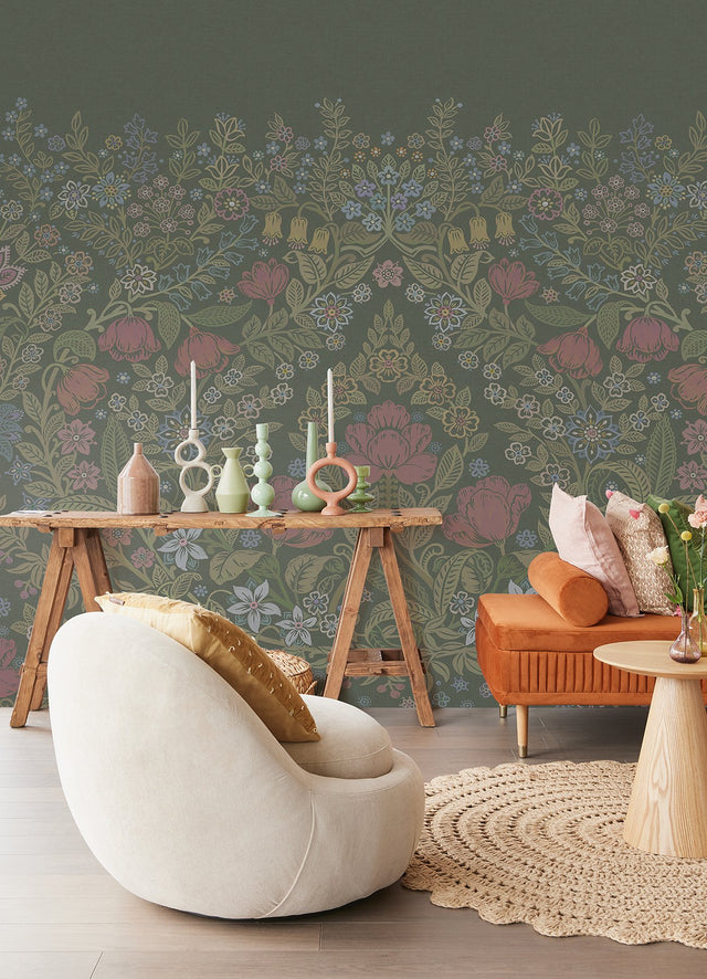 Forest Whimsical Green Floral Wall Mural with Nature Flowers Pattern - Eijffinger EJ316081