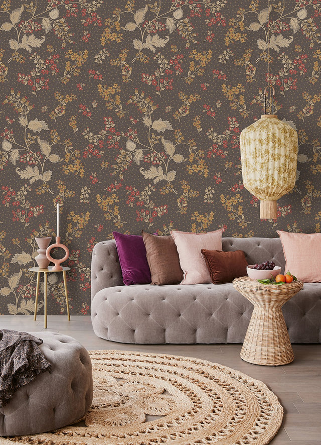 Gran Broderies Chocolate Floral Wall Mural, Farmhouse Nature Style - Eijffinger EJ316083