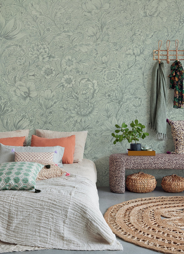 Sage Rosarium Floral Wall Mural with Farmhouse Nature Pattern - Eijffinger EJ316085
