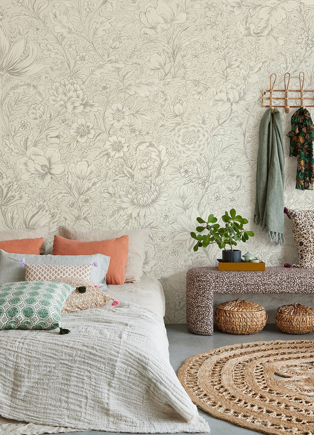 Cream Rosarium Floral Cream Wall Mural with Farmhouse Nature Flowers Pattern - Eijffinger EJ316087