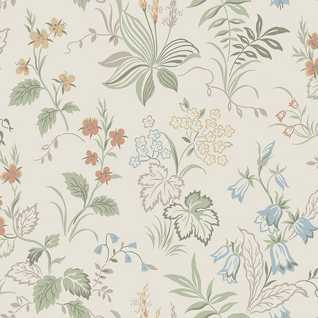Folklore wallpaper in ivory and multi by Boråstapeter for Schumacher, featuring Scandinavian meadow-inspired floral design.