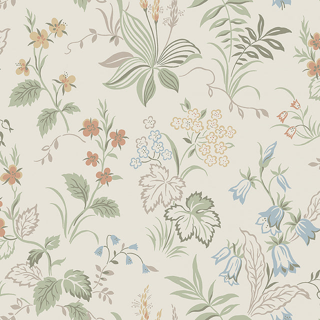 Folklore wallpaper in ivory and multi by Boråstapeter for Schumacher, featuring Scandinavian meadow-inspired floral design.