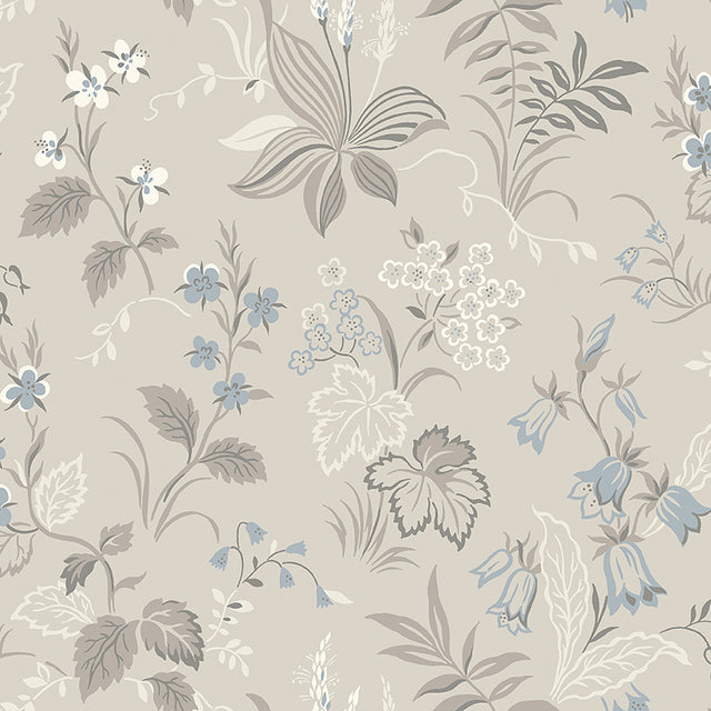 Folklore wallpaper in dove and blue by Boråstapeter for Schumacher, featuring Scandinavian floral meadow design.