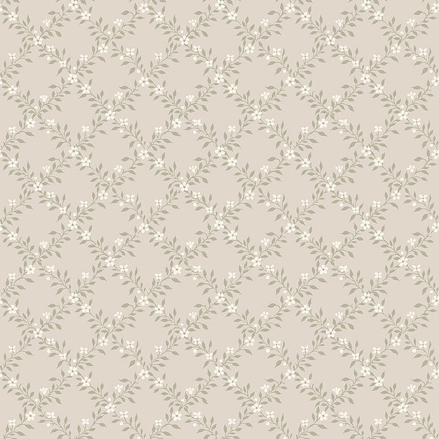 Sommarslöja Sage by Boråstapeter, a classic floral lattice wallpaper with delicate leaves and flowers in a soft green colorway.