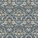 Blomsterfröjd Indigo wallpaper by Boråstapeter for Schumacher, featuring an Arts and Crafts floral pattern in blue and neutral tones.