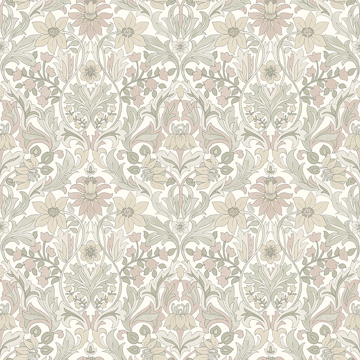 Blomsterfröjd soft multi wallpaper by Boråstapeter for Schumacher, Arts and Crafts floral pattern, roll and detail view