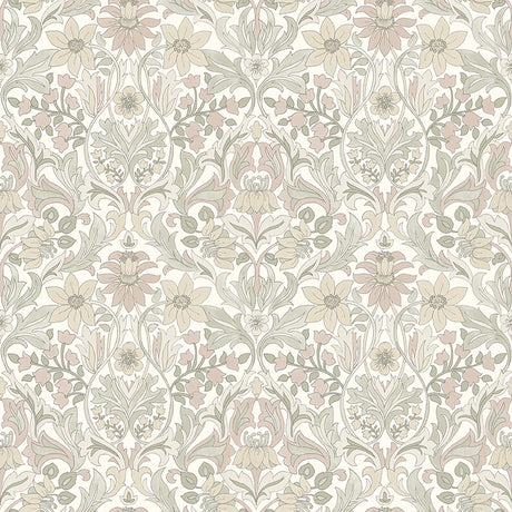 Blomsterfröjd soft multi wallpaper by Boråstapeter for Schumacher, Arts and Crafts floral pattern, roll and detail view