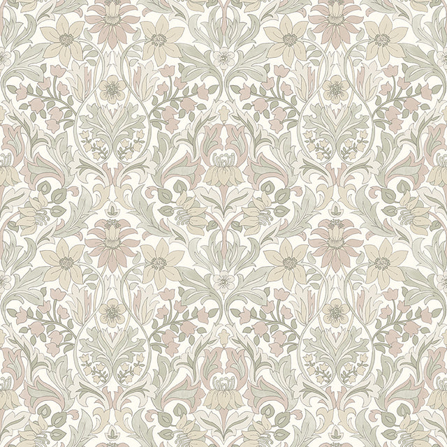 Blomsterfröjd soft multi wallpaper by Boråstapeter for Schumacher, Arts and Crafts floral pattern, roll and detail view