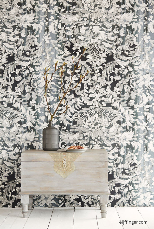 Painted Lace Light Grey Damask Wall Mural with Botanical Brushstroke Pattern - Eijffinger EJ356204