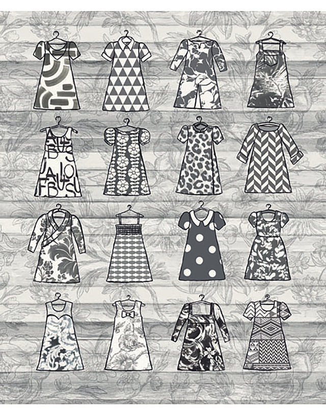 What To Wear Light Grey Graphic Wall Mural with Paper Doll Dresses on Woodgrain - Eijffinger EJ356212