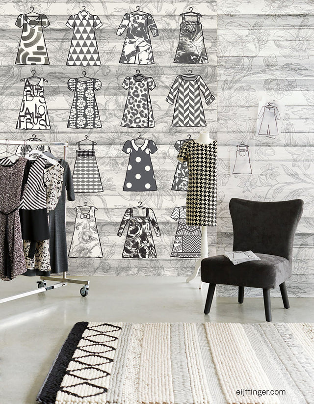 What To Wear Light Grey Graphic Wall Mural with Paper Doll Dresses on Woodgrain - Eijffinger EJ356212