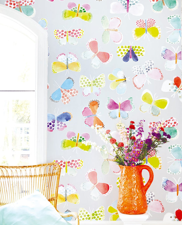 Butterflies In My Stomach Grey Kids Wall Mural with Colorful Watercolor Butterfly Graphics - Eijffinger EJ359151