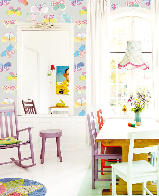 Butterflies In My Stomach Grey Kids Wall Mural with Colorful Watercolor Butterfly Graphics - Eijffinger EJ359151