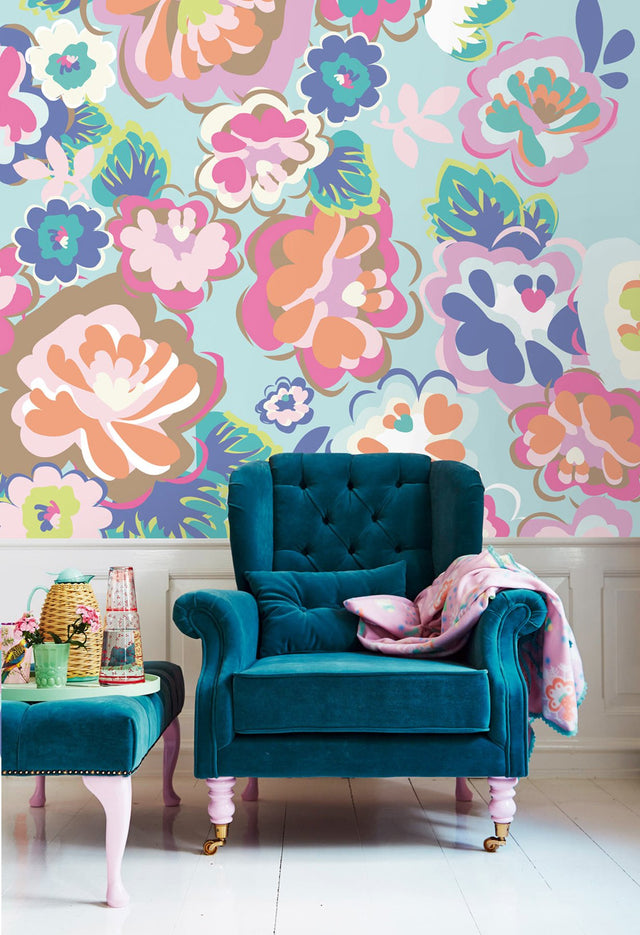 Blue English Country Floral Dream Wall Mural with Modern Floral Pattern - Eijffinger EJ359160