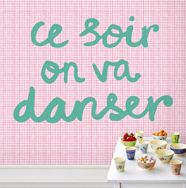 Tonight We Will Dance Pink Graphic Wall Mural with Script on Plaid - Eijffinger EJ359165
