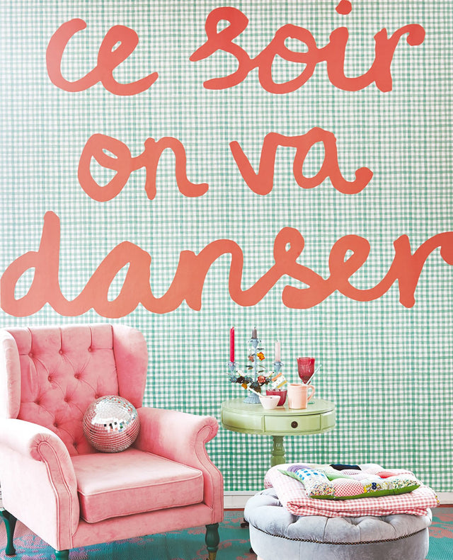 Tonight We Will Dance Mint Wall Mural with French Script over Mint Gingham Plaid - Eijffinger EJ359166