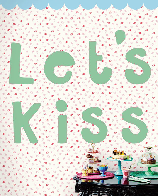 Let's Kiss Pink Lips Graphic Wall Mural with Mint Typography and Scalloped Blue Canopy - Eijffinger EJ359168