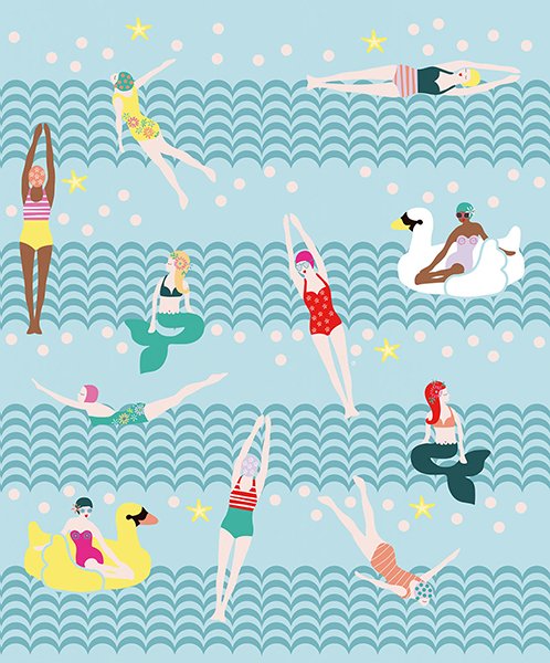 Lovely Ladies Bathing Blue Wall Mural with Retro Swimmers & Mermaids - Eijffinger EJ359169