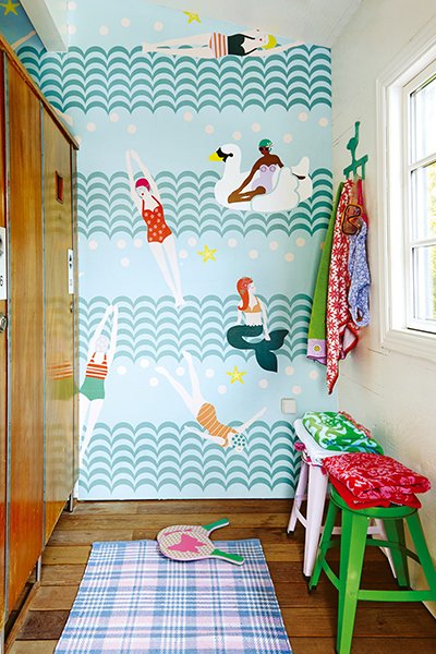 Lovely Ladies Bathing Blue Wall Mural with Retro Swimmers & Mermaids - Eijffinger EJ359169