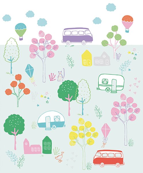 Road Trip Multicolor Wall Mural with Kids Graphic Nature Motif - Eijffinger EJ359170